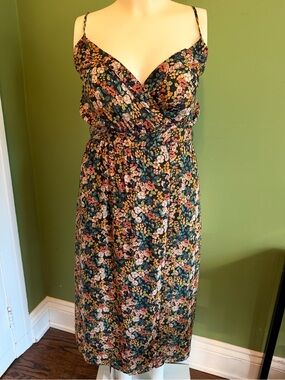 Dynamite Black Floral Midi Dress with Pink & Yellow Blooms